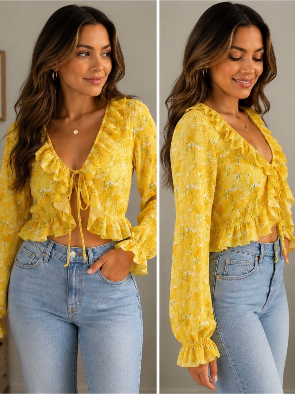 Zara Yellow Floral Ruffle Tie Front Blouse Crop Top NWT Size Small